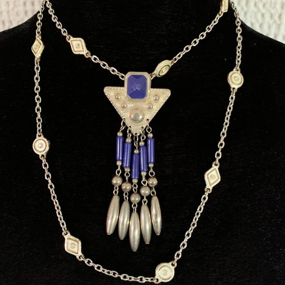 Vintage 80's Silver & Blue Beaded Dangle Earrings Set - Picture 5 of 12